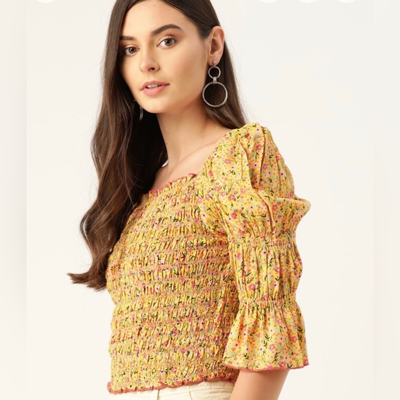 Antheaa NWOT Yellow and Pink Floral Pure Cotton Smocked Top with Puff Sleeves - Picture 3 of 7